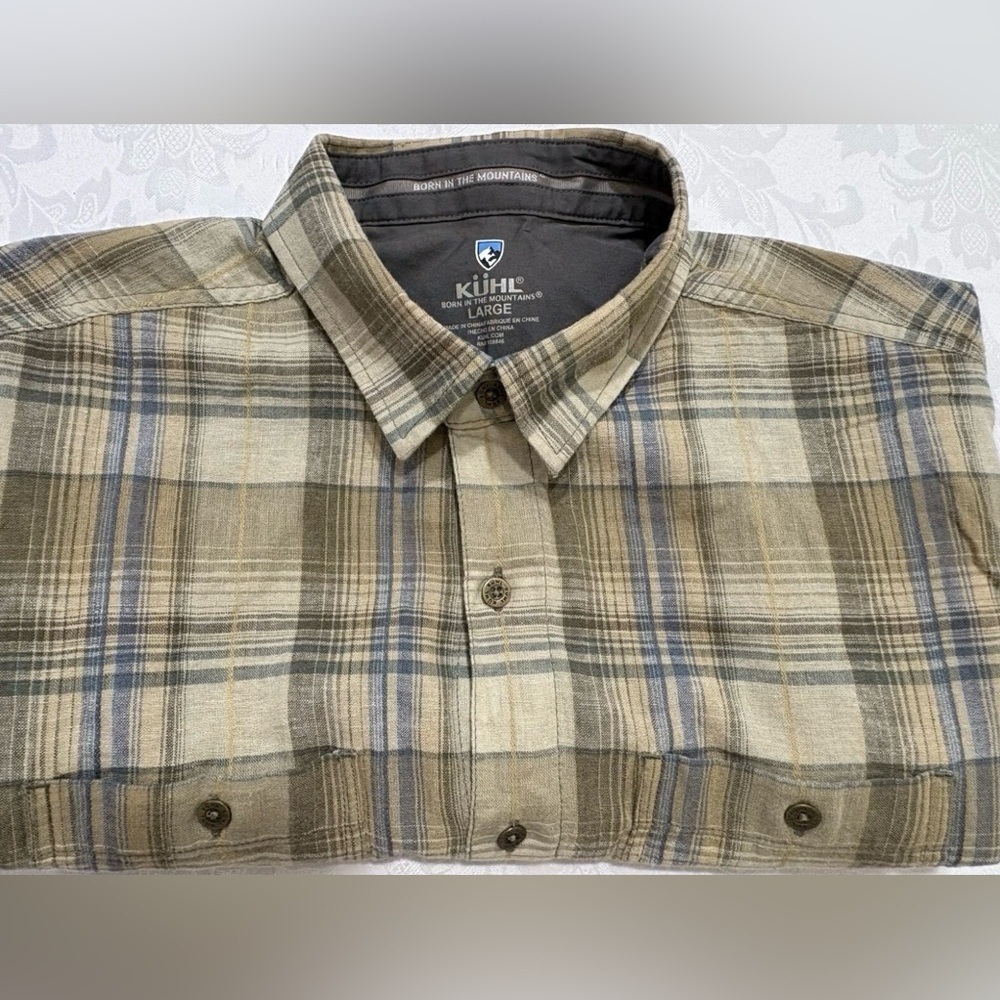 Kuhl Men's Size Large Short Sleeve Green Plaid Shirt  Outdoor Hiking